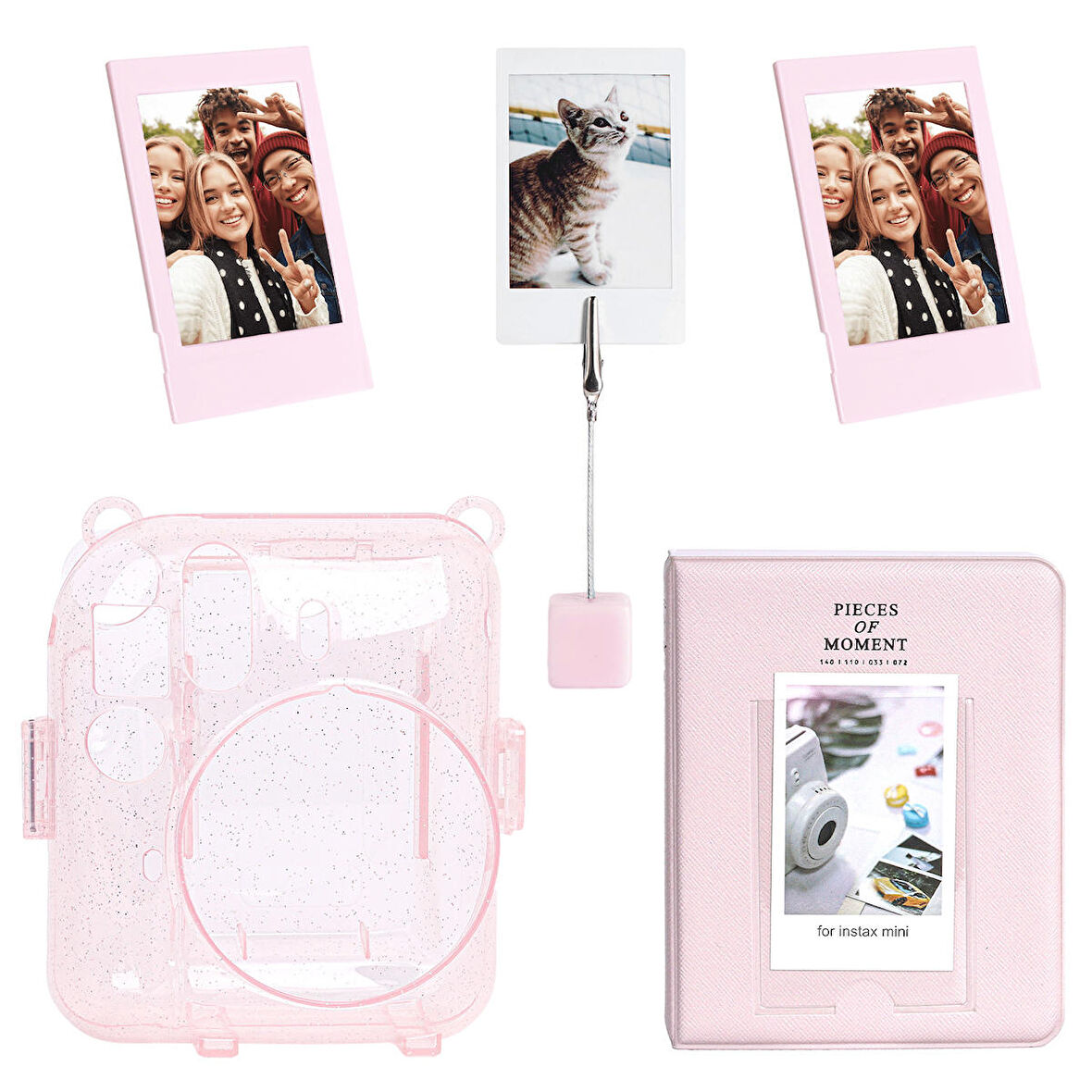 Instax mini 12 Simli Şeffaf Pembe Kılıf Pvc 64'lü Albüm ve Fotoğraf Çerçeveleri Aksesuar Seti