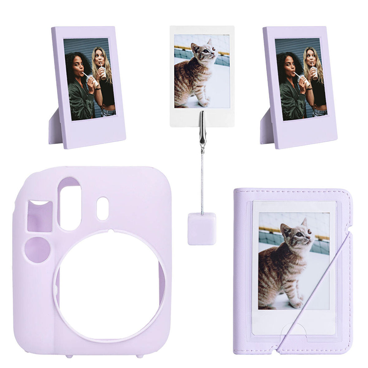 Instax mini 12 Lila Slikon Kılıf Mini 28'li Albüm ve Fotoğraf Çerçeveleri Aksesuar Seti