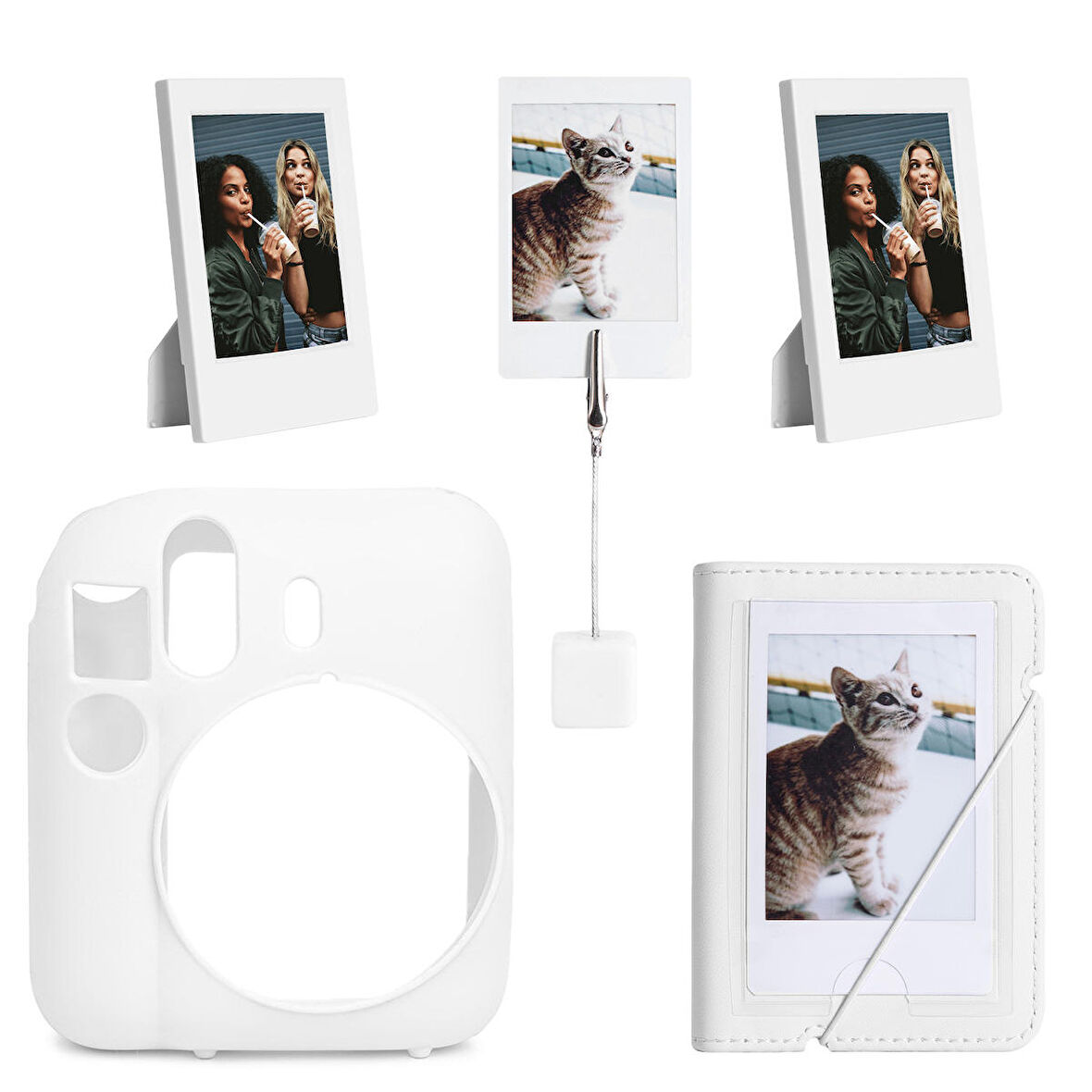 Instax mini 12 Beyaz Slikon Kılıf Mini 28'li Albüm ve Fotoğraf Çerçeveleri Aksesuar Seti