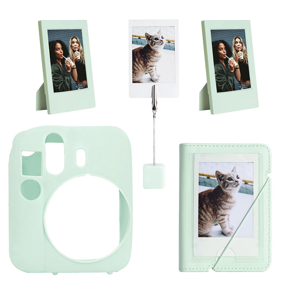 Instax mini 12 Yeşil Slikon Kılıf Mini 28'li Albüm ve Fotoğraf Çerçeveleri Aksesuar Seti