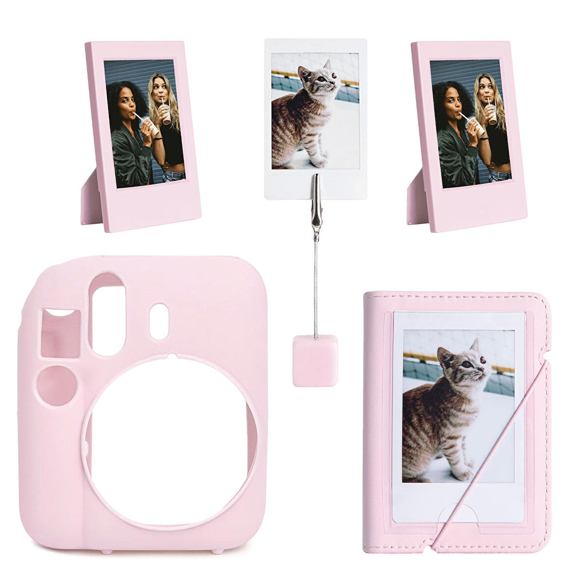 Instax mini 12 Pembe Slikon Kılıf Mini 28'li Albüm ve Fotoğraf Çerçeveleri Aksesuar Seti