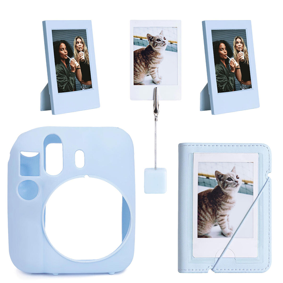 Instax mini 12 Mavi Slikon Kılıf Mini 28'li Albüm ve Fotoğraf Çerçeveleri Aksesuar Seti