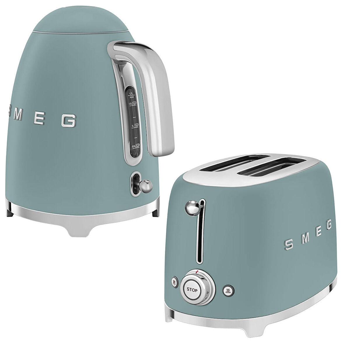 Smeg 50'S Style Special Edition Mat Zümrüt Yeşil Kettle ve 1x2 Ekmek Kızartma Makinesi Seti