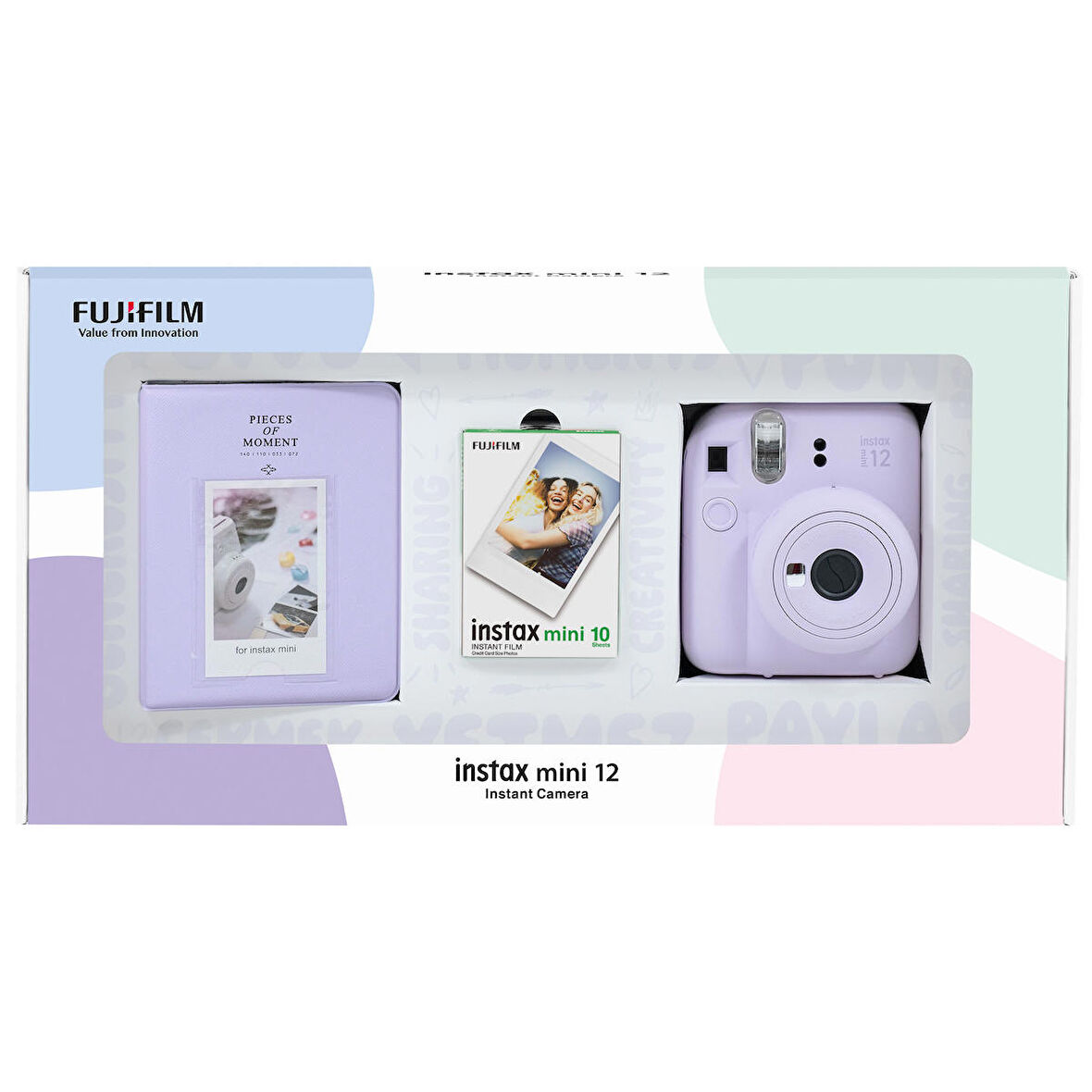 Instax mini 12 Lila Fotoğraf Makinesi 10'lu Film ve PVC Albüm Bundle Box