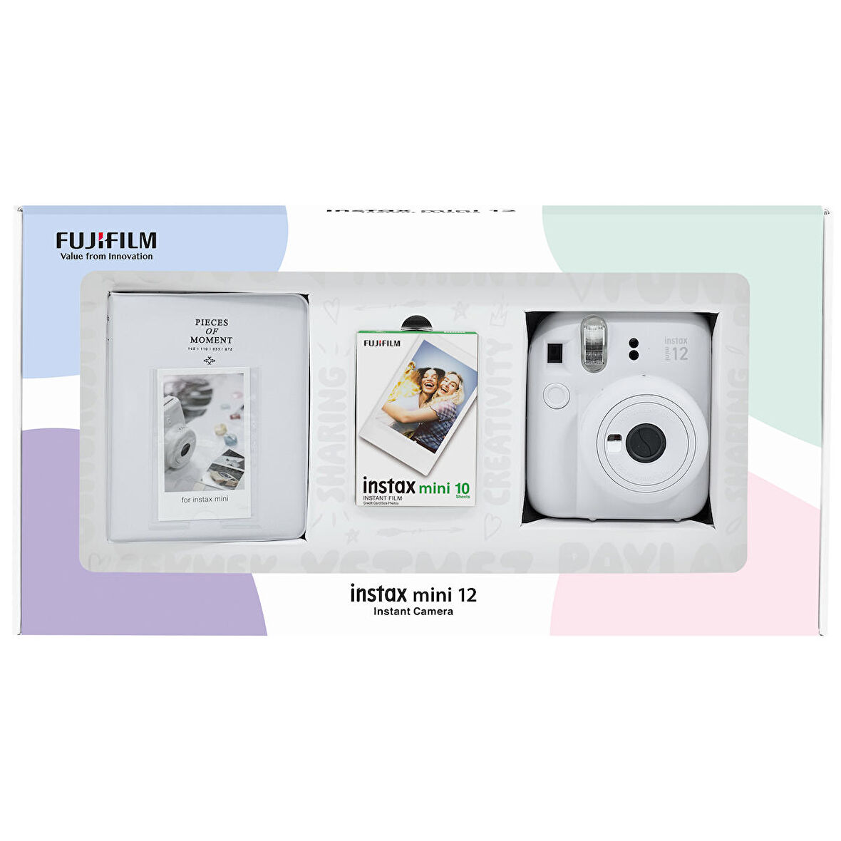 Instax mini 12 Beyaz Fotoğraf Makinesi 10'lu Film ve PVC Albüm Bundle Box