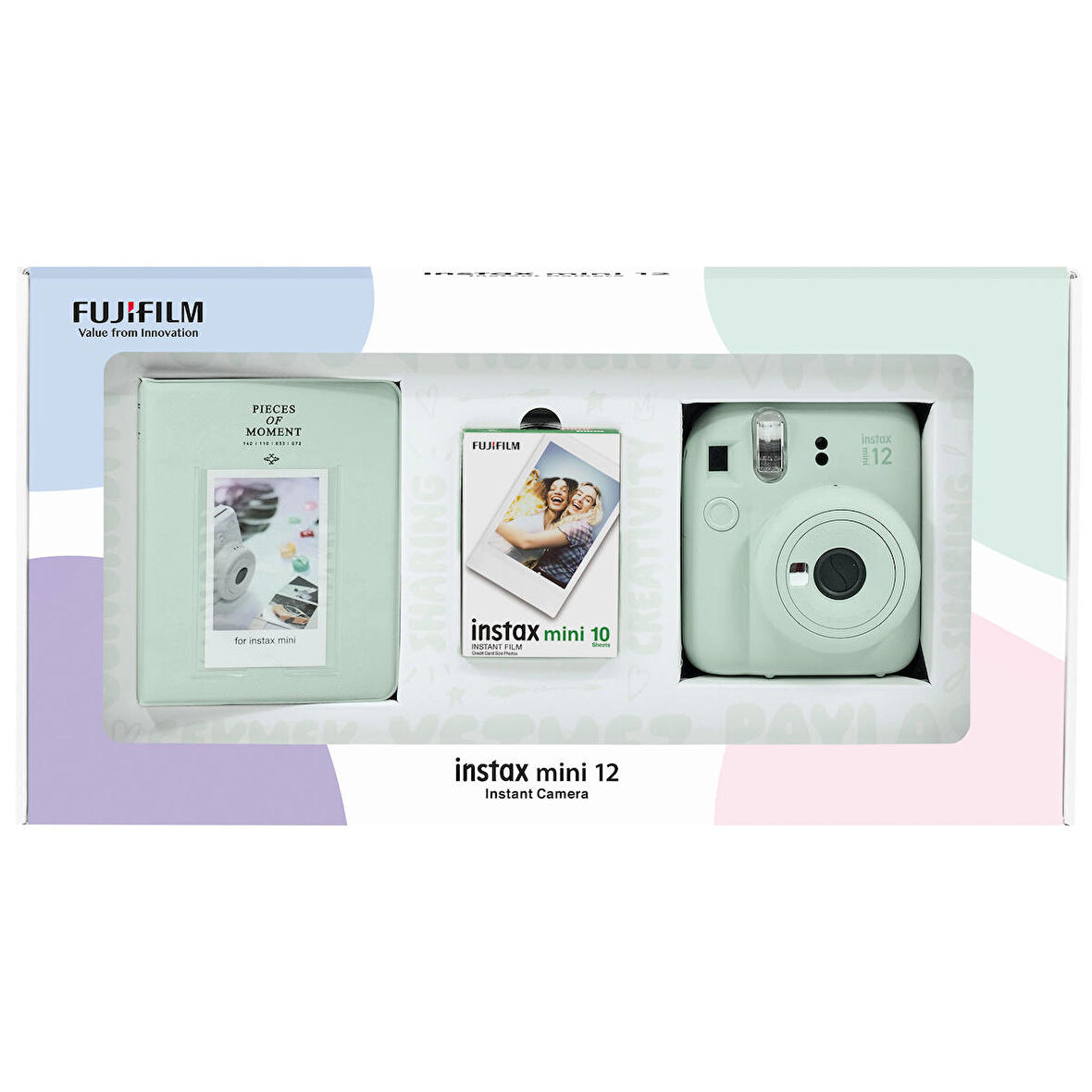 Instax mini 12 Yeşil Fotoğraf Makinesi 10'lu Film ve PVC Albüm Bundle Box