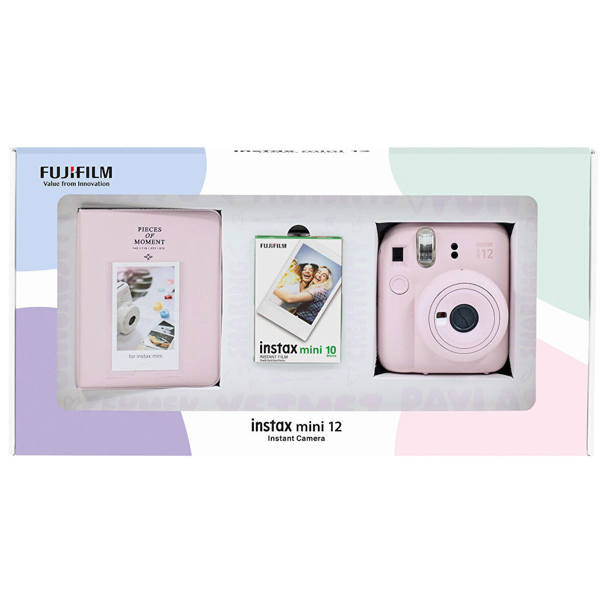 Instax mini 12 Pembe Fotoğraf Makinesi 10'lu Film ve PVC Albüm Bundle Box