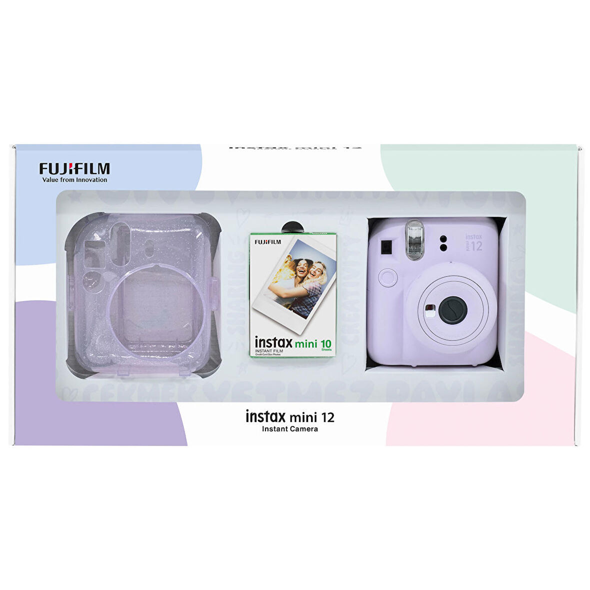 Instax mini 12 Lila Fotoğraf Makinesi 10'lu Film ve Pleksi Kılıf Bundle Box