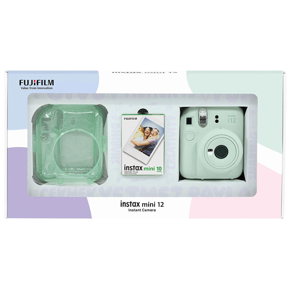 Instax mini 12 Yeşil Fotoğraf Makinesi 10'lu Film ve Pleksi Kılıf Bundle Box