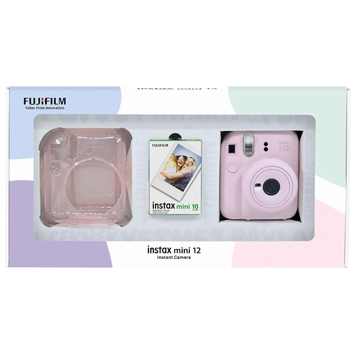 Instax mini 12 Pembe Fotoğraf Makinesi 10'lu Film ve Pleksi Kılıf Bundle Box