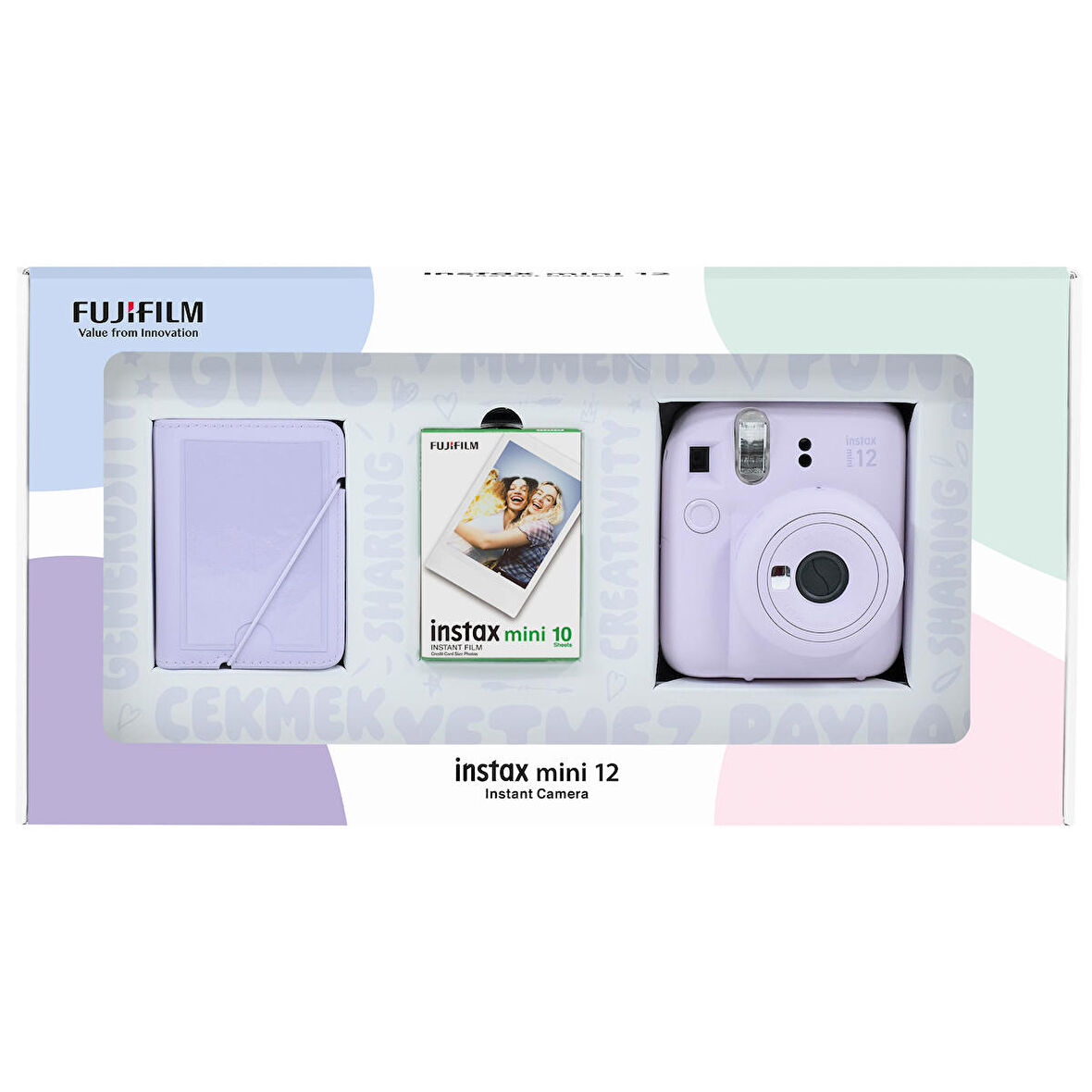 Instax mini 12 Lila Fotoğraf Makinesi 10'lu Film ve 28'li Mini Albüm Bundle Box