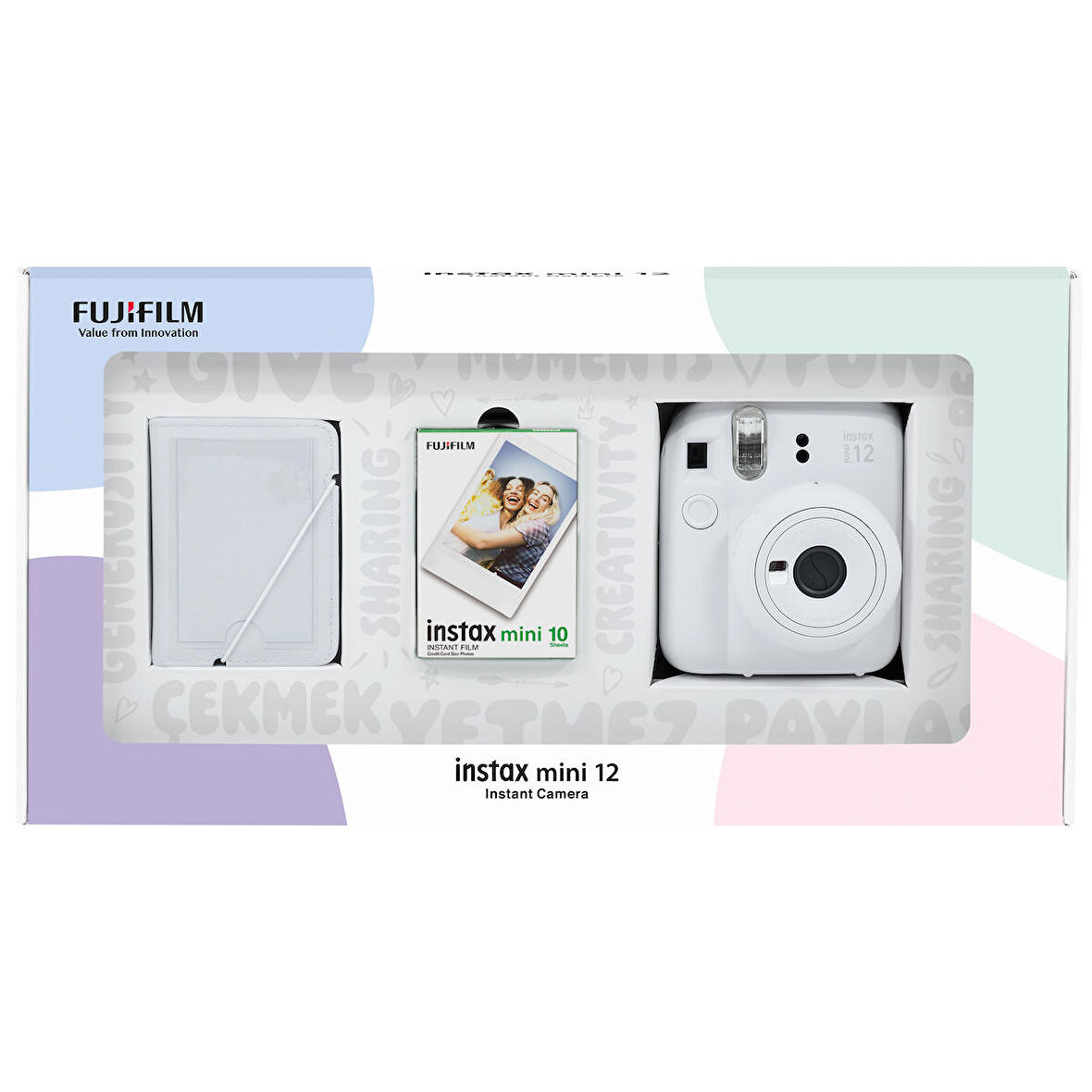 Instax mini 12 Beyaz Fotoğraf Makinesi 10'lu Film ve 28'li Mini Albüm Bundle Box