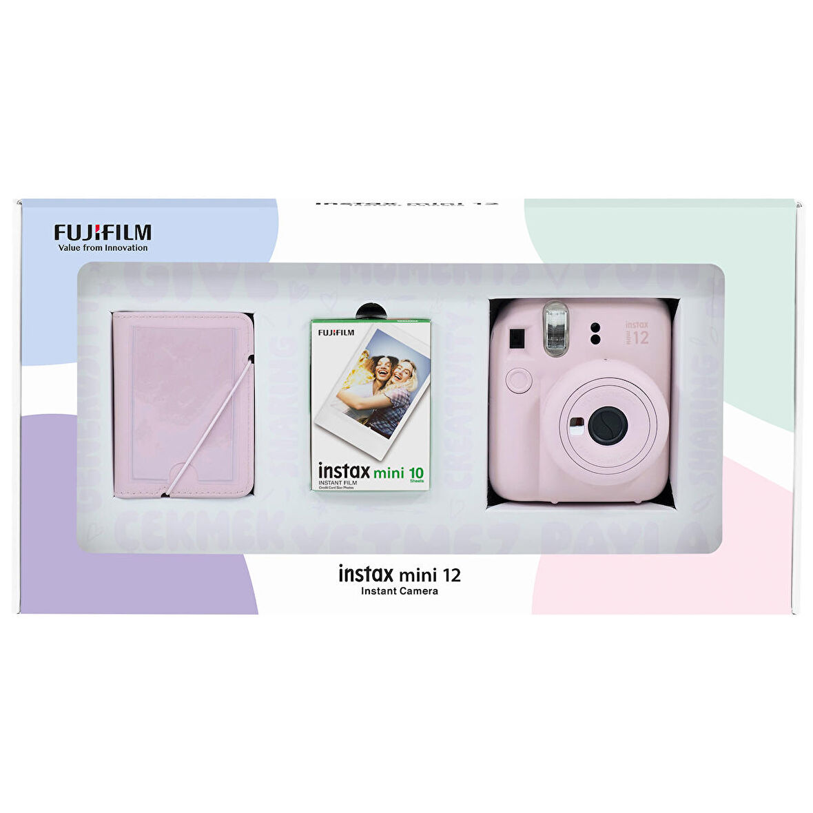 Instax mini 12 Pembe Fotoğraf Makinesi 10'lu Film ve 28'li Mini Albüm Bundle Box