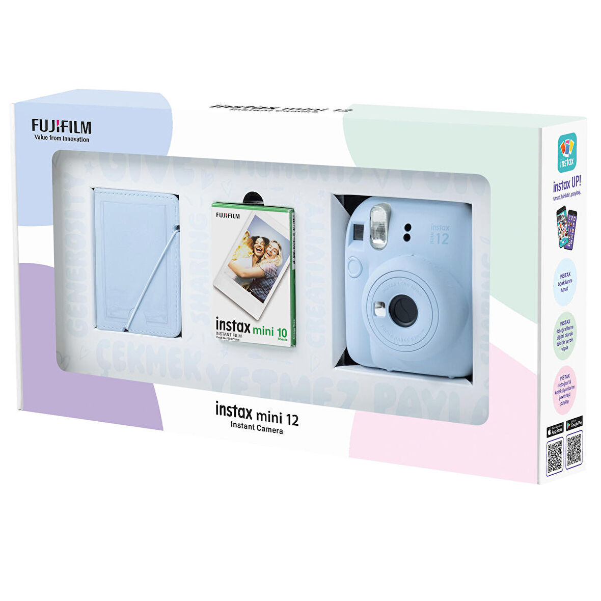 Instax mini 12 Mavi Fotoğraf Makinesi 10'lu Film ve 28'li Mini Albüm Bundle Box