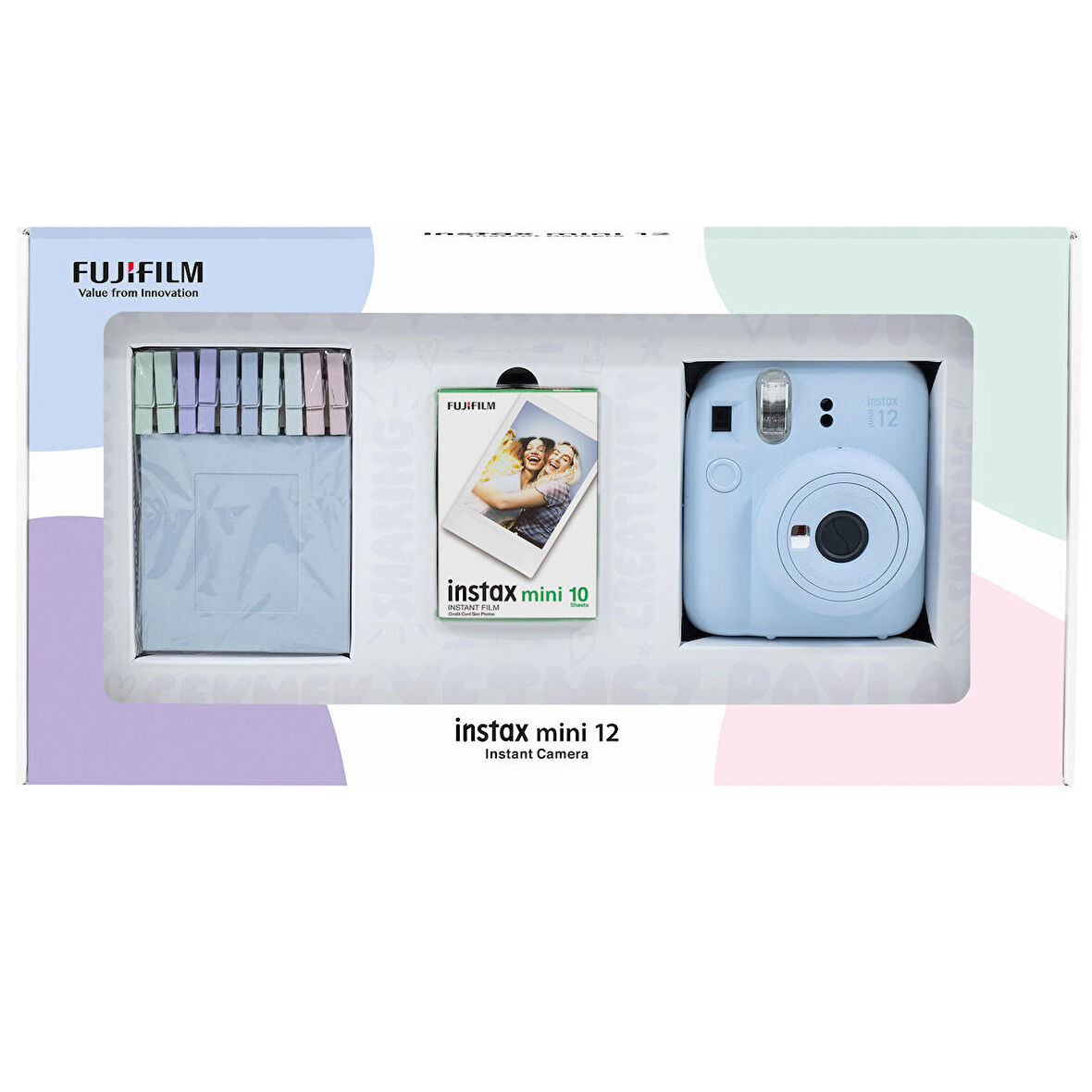 Instax mini 12 Mavi Fotoğraf Makinesi 10'lu Film ve Mandal Bundle Box