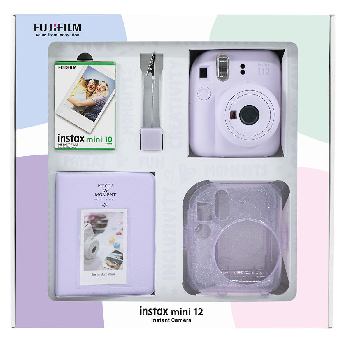 Instax mini 12 Lila Fotoğraf Makinesi 10'lu Film Simli Pleksi Kılıf PVC Albüm ve Kıskaçlı Resim Standı Bundle Box