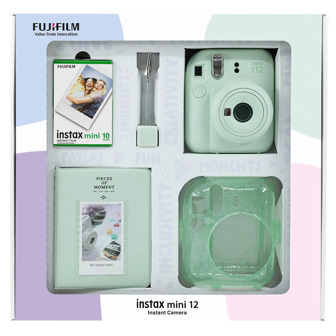 Instax mini 12 Yeşil Fotoğraf Makinesi 10'lu Film Simli Pleksi Kılıf PVC Albüm ve Kıskaçlı Resim Standı Bundle Box