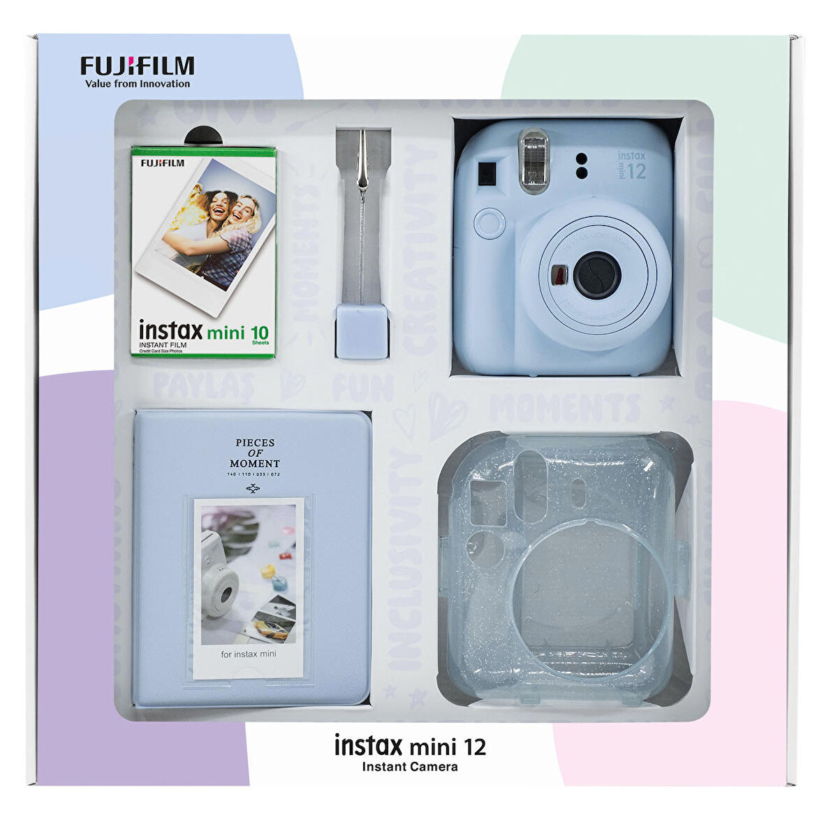 Instax mini 12 Mavi Fotoğraf Makinesi 10'lu Film Simli Pleksi Kılıf PVC Albüm ve Kıskaçlı Resim Standı Bundle Box