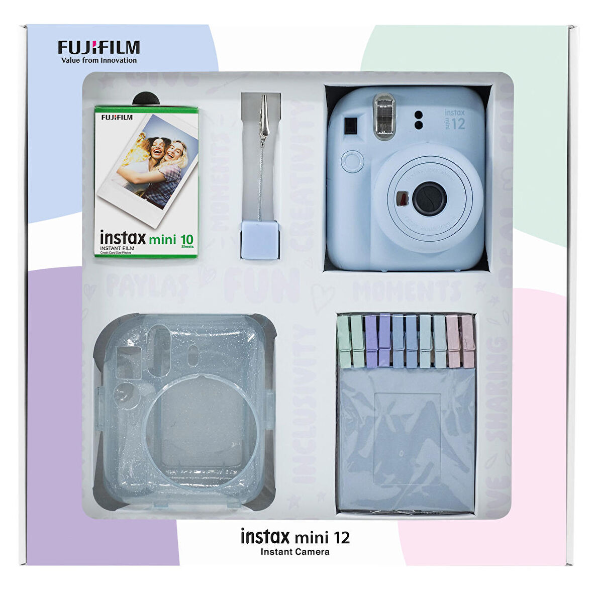 Instax mini 12 Mavi Fotoğraf Makinesi 10'lu Film Simli Pleksi Kılıf Mandal ve Kıskaçlı Resim Standı Bundle Box