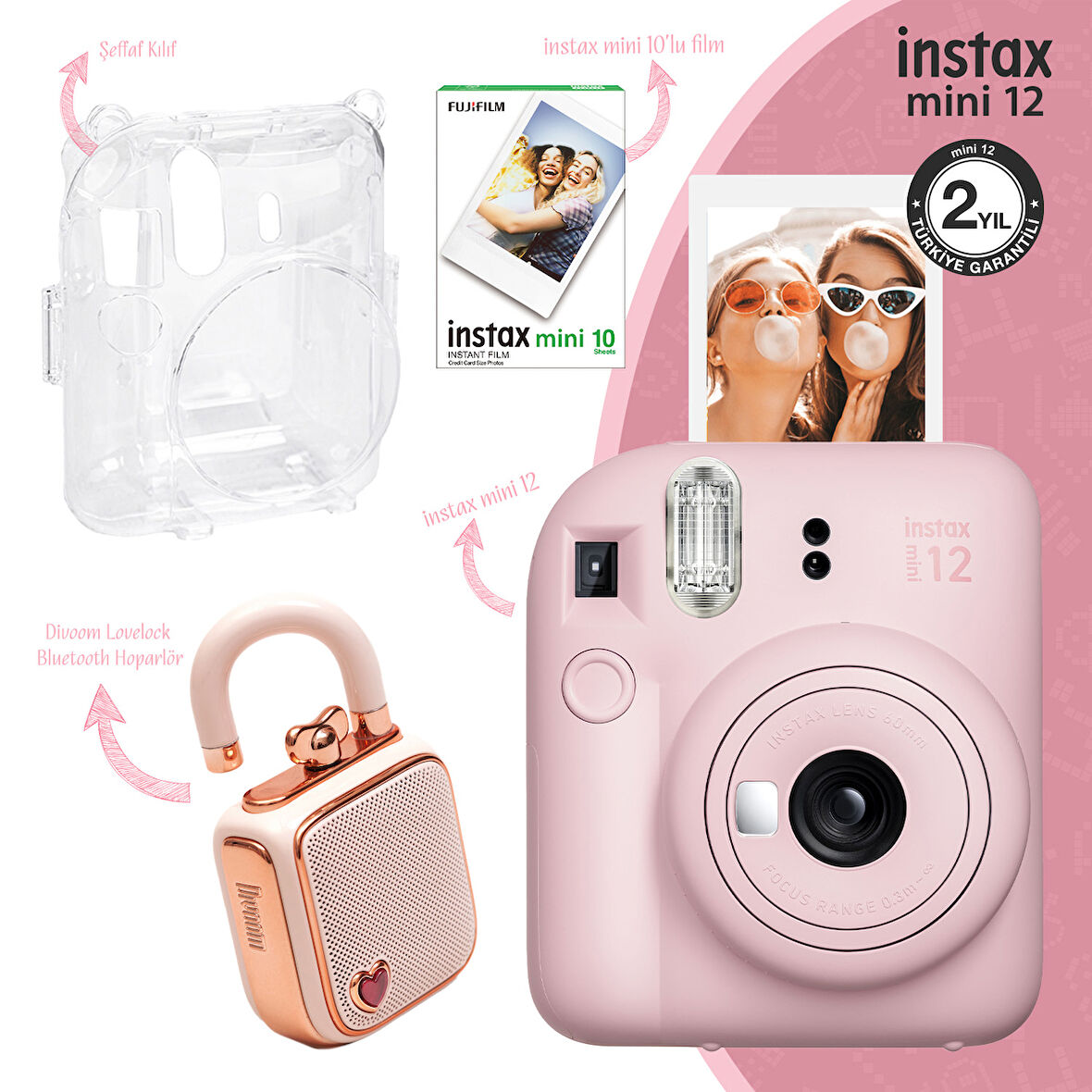 Instax mini 12 Pembe Fotoğraf Makinesi-10'lu Film-Şeffaf Kılıf ve Divoom LoveLock Mini Ses Kayıt Özellikli Bluetooth Hoparlör