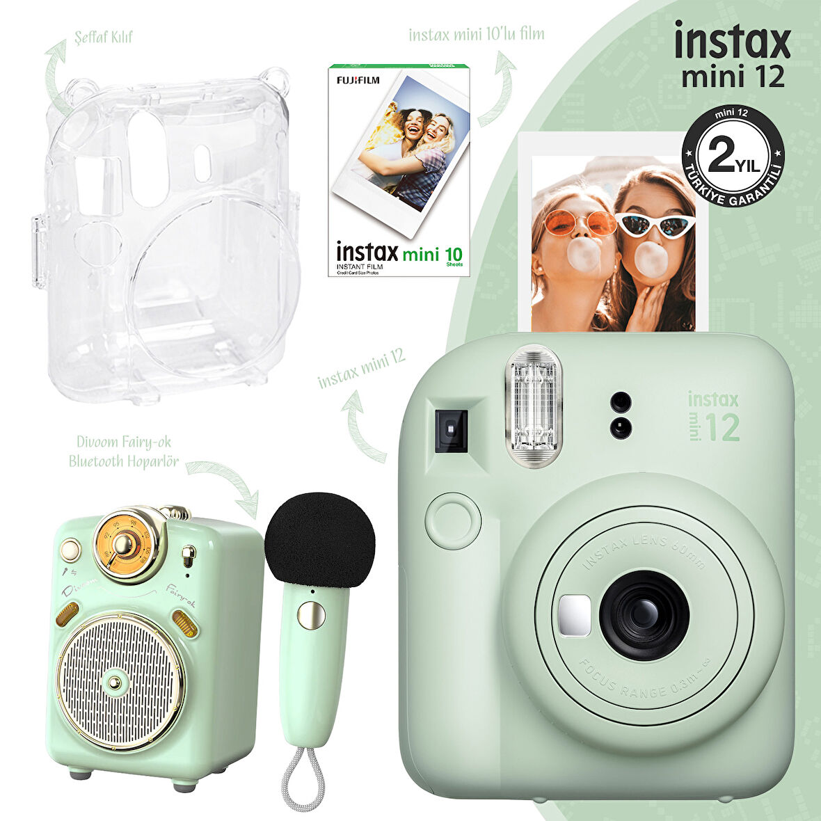 Instax mini 12 Yeşil Fotoğraf Makinesi-10'lu Film-Şeffaf Kılıf ve Divoom Fairy-OK Yeşil Karaoke Mikrofonlu FM Radyolu Bluetooth Hoparlör