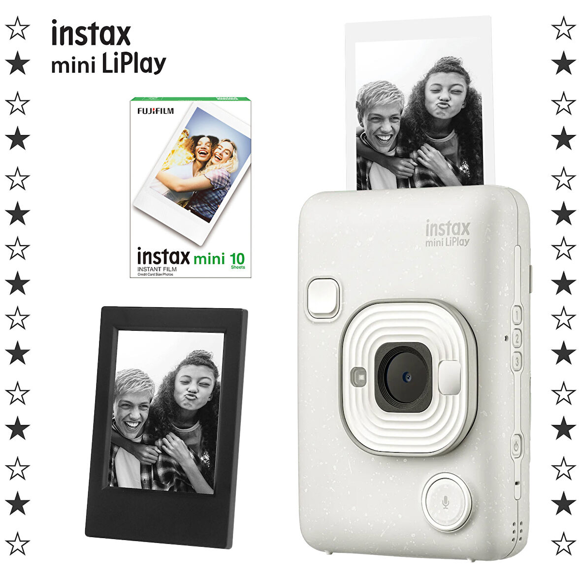 Instax mini LiPlay Hybrid Misty White Fotoğraf Makinesi-10'lu mini Film ve Çerçeve Hediye Seti