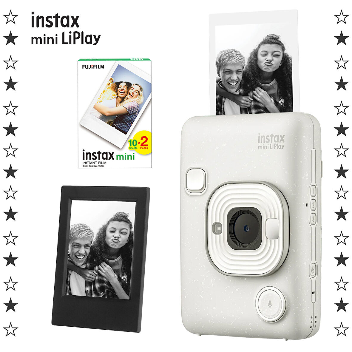 Instax mini LiPlay Hybrid Misty White Fotoğraf Makinesi-20'li mini Film ve Çerçeve Hediye Seti