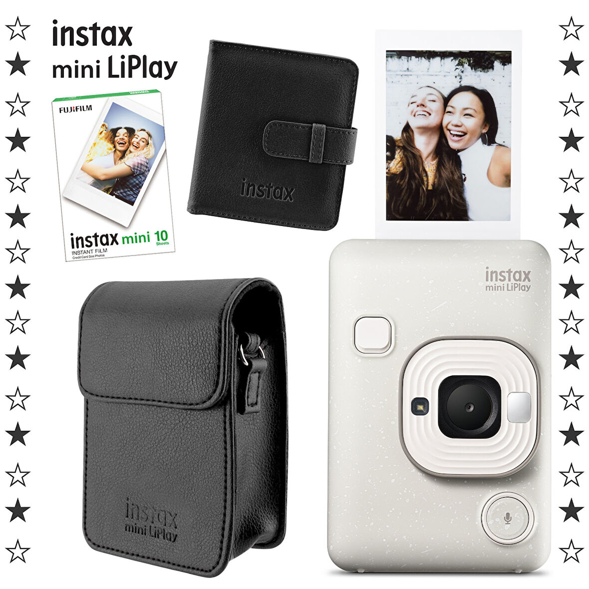 Instax mini LiPlay Hybrid Misty White Fotoğraf Makinesi 10'lu Film Albüm ve Deri Kılıf Hediye Seti