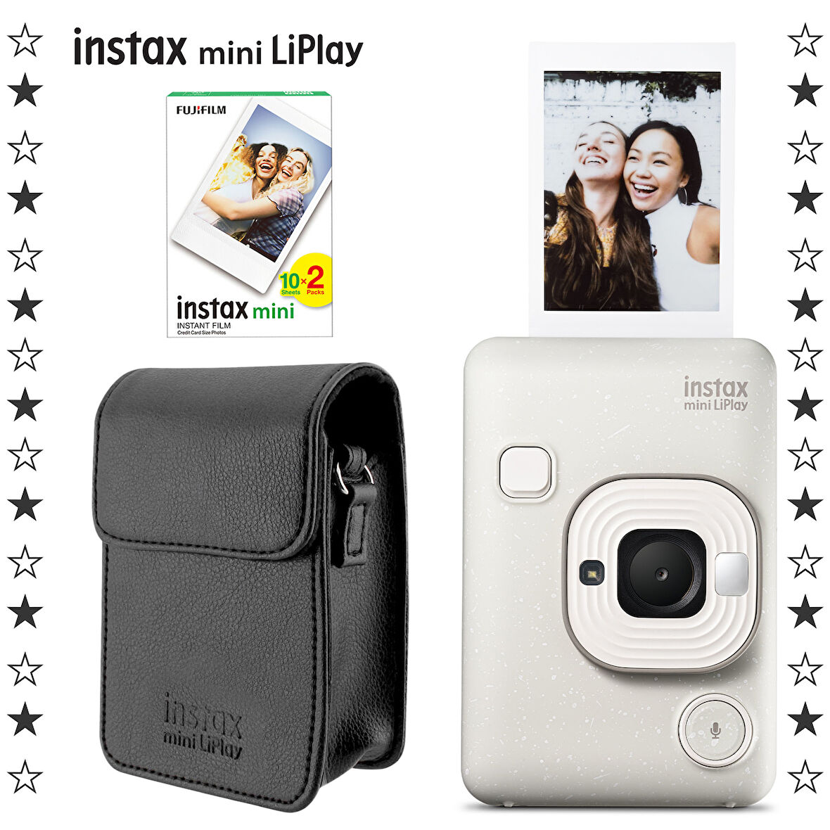 Instax mini LiPlay Hybrid Misty White Fotoğraf Makinesi 20'li Film ve Deri Kılıf Hediye Seti