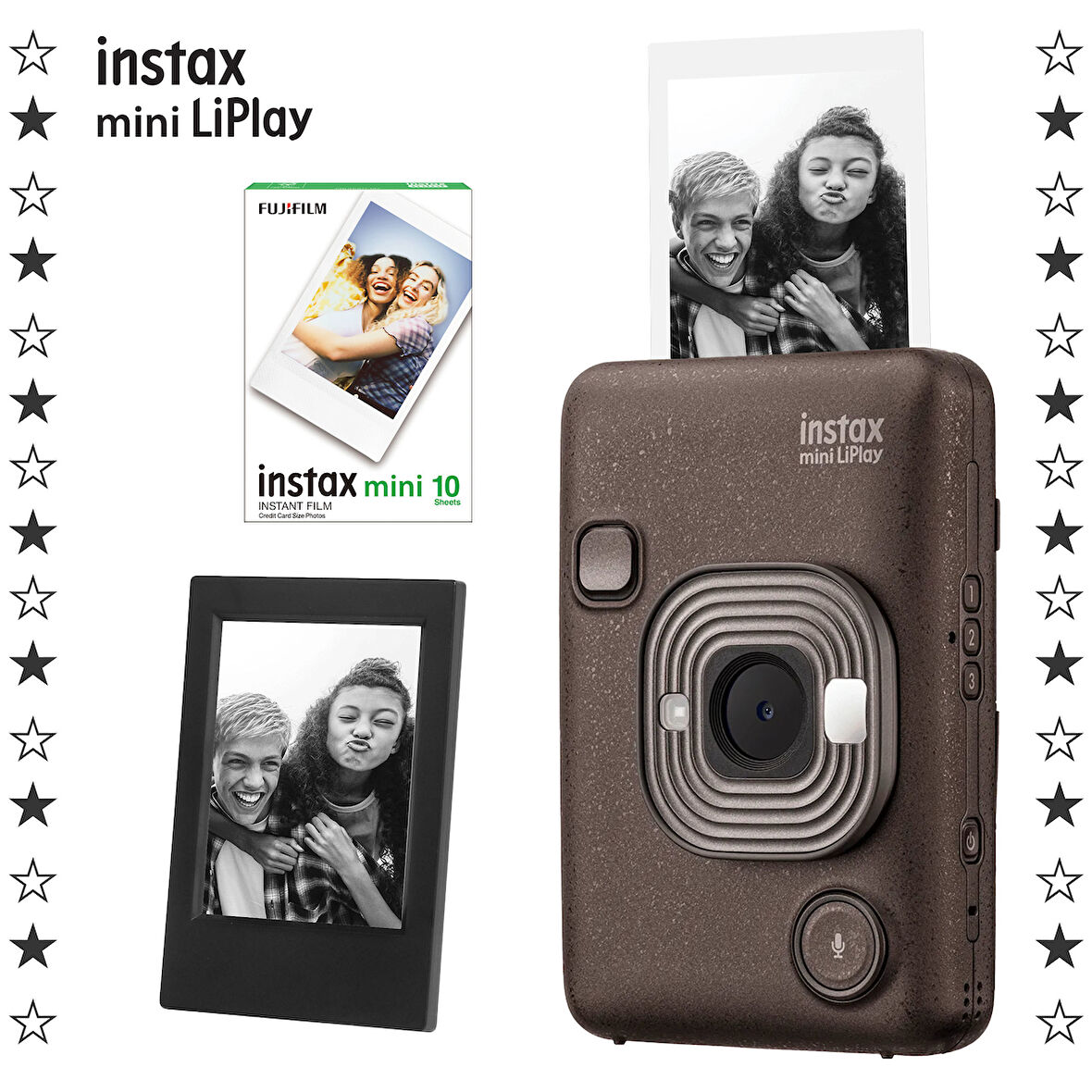 Instax mini LiPlay Hybrid Deep Bronze Fotoğraf Makinesi-10'lu Film ve Çerçeve Hediye Seti