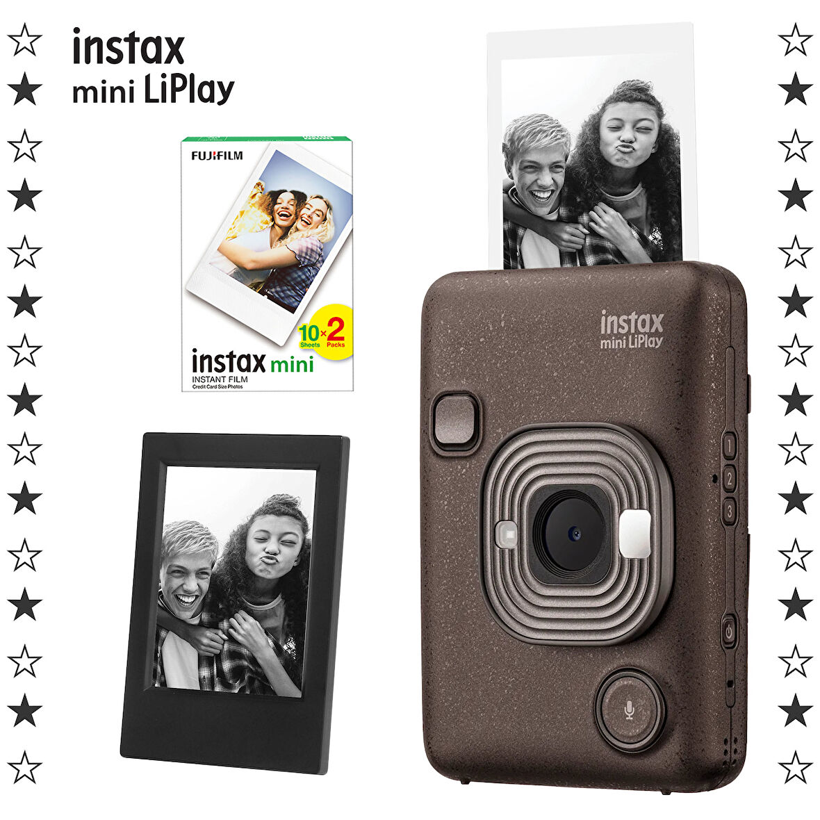 Instax mini LiPlay Hybrid Deep Bronze Fotoğraf Makinesi-20'li Film ve Çerçeve Hediye Seti