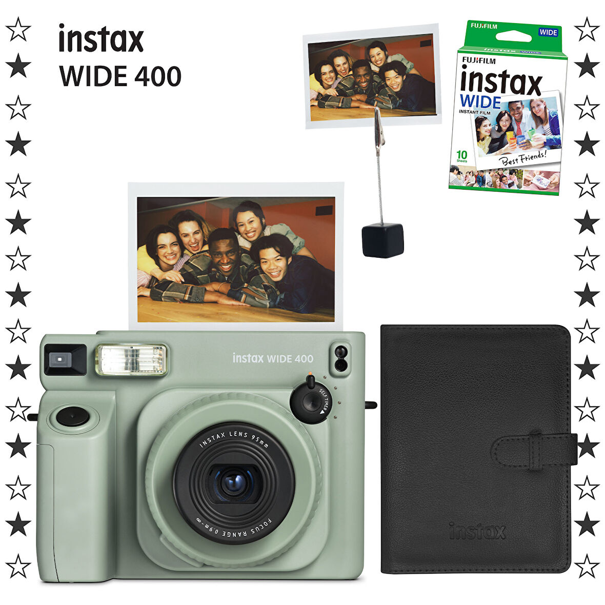 Instax Wide 400 Yeşil Fotoğraf Makinesi 10'lu Film Kıskaç ve Deri Albüm Hediye Seti