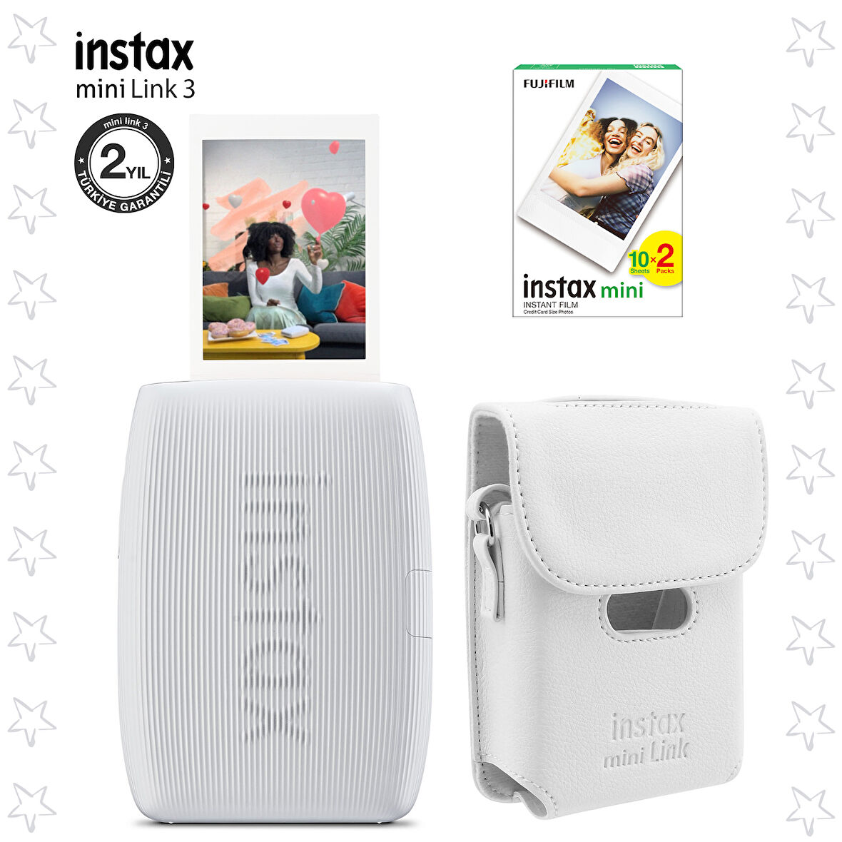 Instax mini Link 3 Beyaz Akıllı Telefon Yazıcısı Beyaz Çanta ve 20'li mini Film