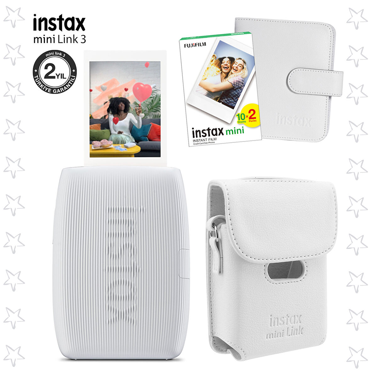 Instax mini Link 3 Beyaz Akıllı Telefon Yazıcısı Beyaz Çanta Deri Albüm ve 20'li mini Film