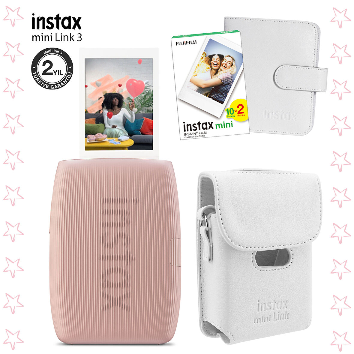 Instax mini Link 3 Pembe Akıllı Telefon Yazıcısı Beyaz Çanta Deri Albüm ve 20'li mini Film