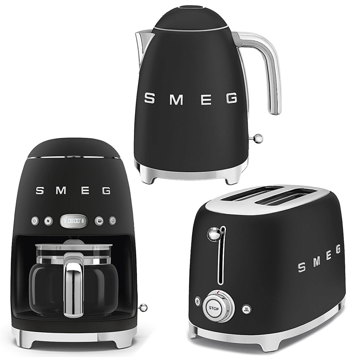 Smeg 50's Style Mat Siyah Kettle -1x2 Ekmek Kızartma Makinesi Ve Filtre Kahve Makine Seti