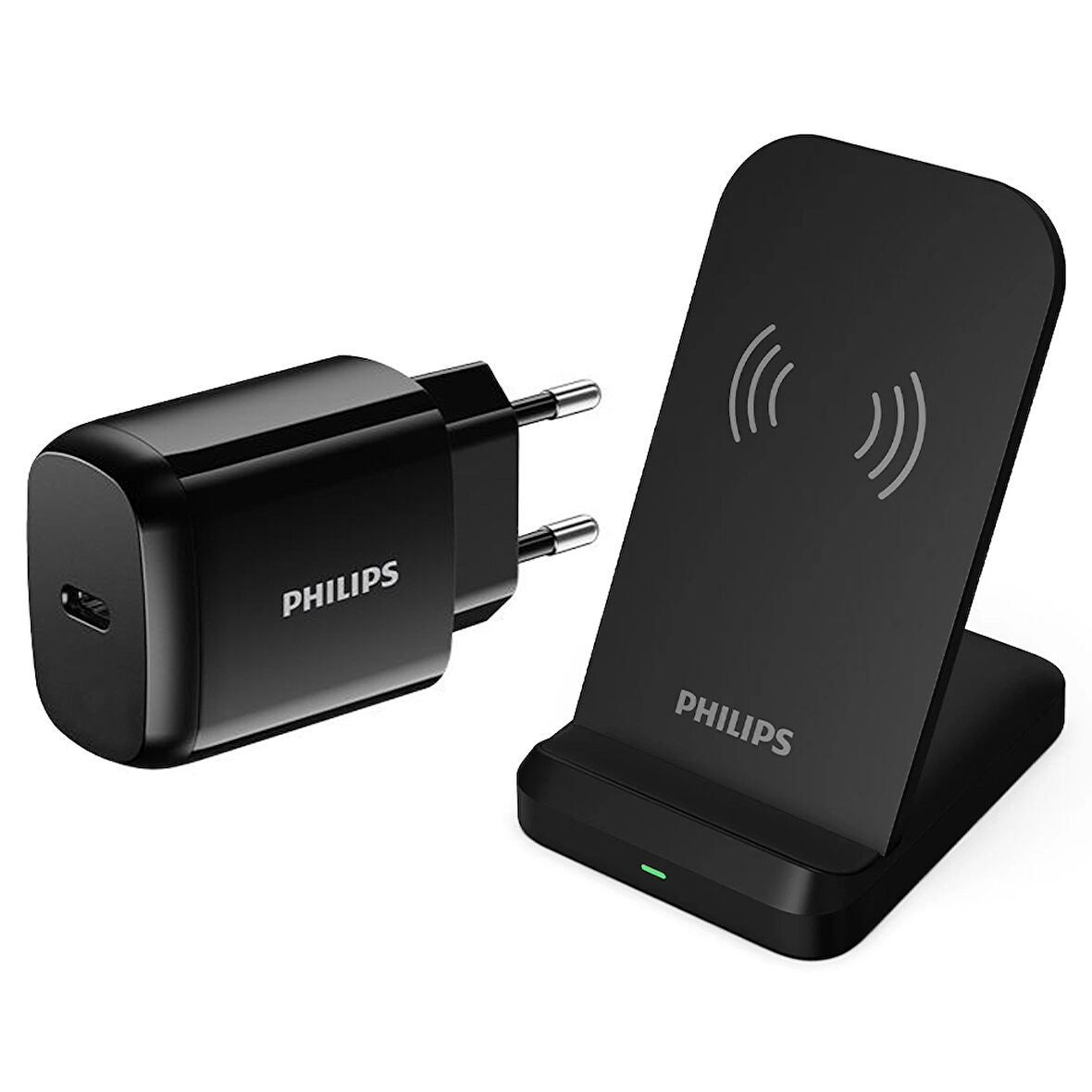 Philips Siyah 15W Kablosuz Dikey Hızlı Şarj Standı ve 25W USB-C Duvar Şarj Adaptörü