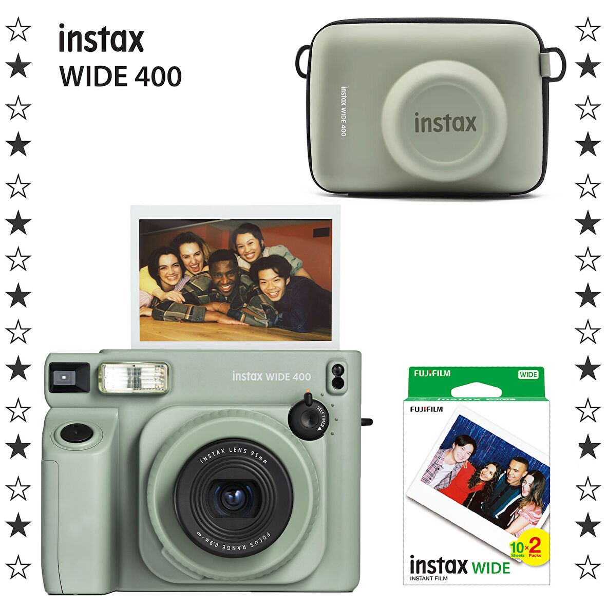 Instax Wide 400 Yeşil Fotoğraf Makinesi ve 20'li Film ve Eva Kılıf Hediye Seti