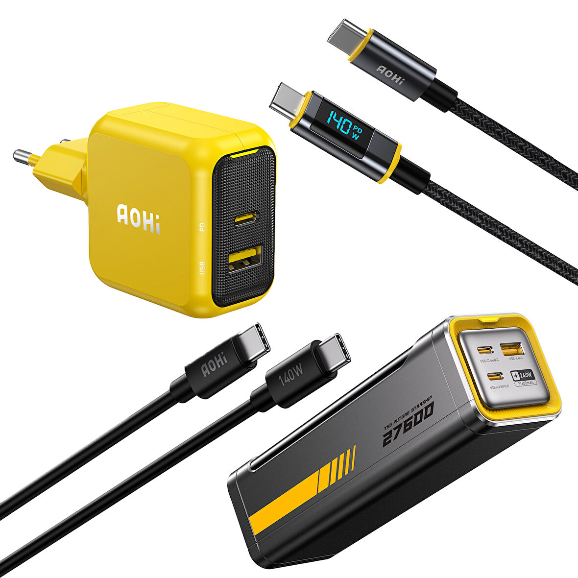 Aohi Magcube 67W 2 Portlu Şarj Adaptörü, 27.600 mAh 240W PD3.1 Powerbank, 140W LED Ekranlı Naylon Örgülü Süper Hızlı Şarj/Data Kablosu Seti