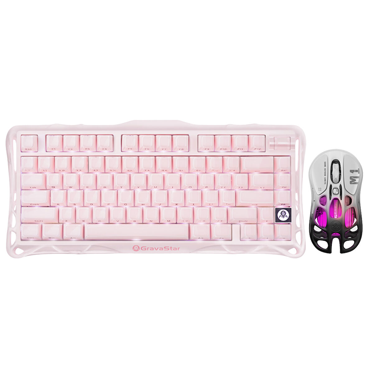 GravaStar Mercury K1+M1 Pro Kablosuz RGB Işıklı Mekanik Q Gaming Klavye ve Optik Mouse Seti, Special Edition, Pembe