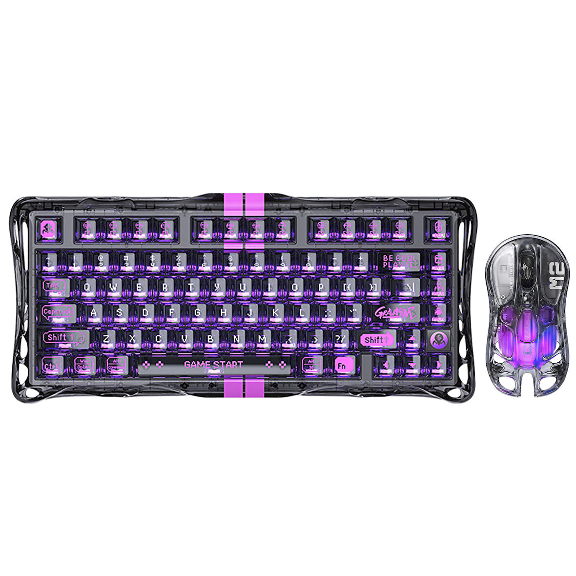 GravaStar Mercury V75 Lite Hall Effect, Rapid Trigger 8.000 Hz Kablolu Manyetik Klavye + M2 26.000 DPI RGB Kablosuz Mouse Oyuncu Seti, Şeffaf Siyah