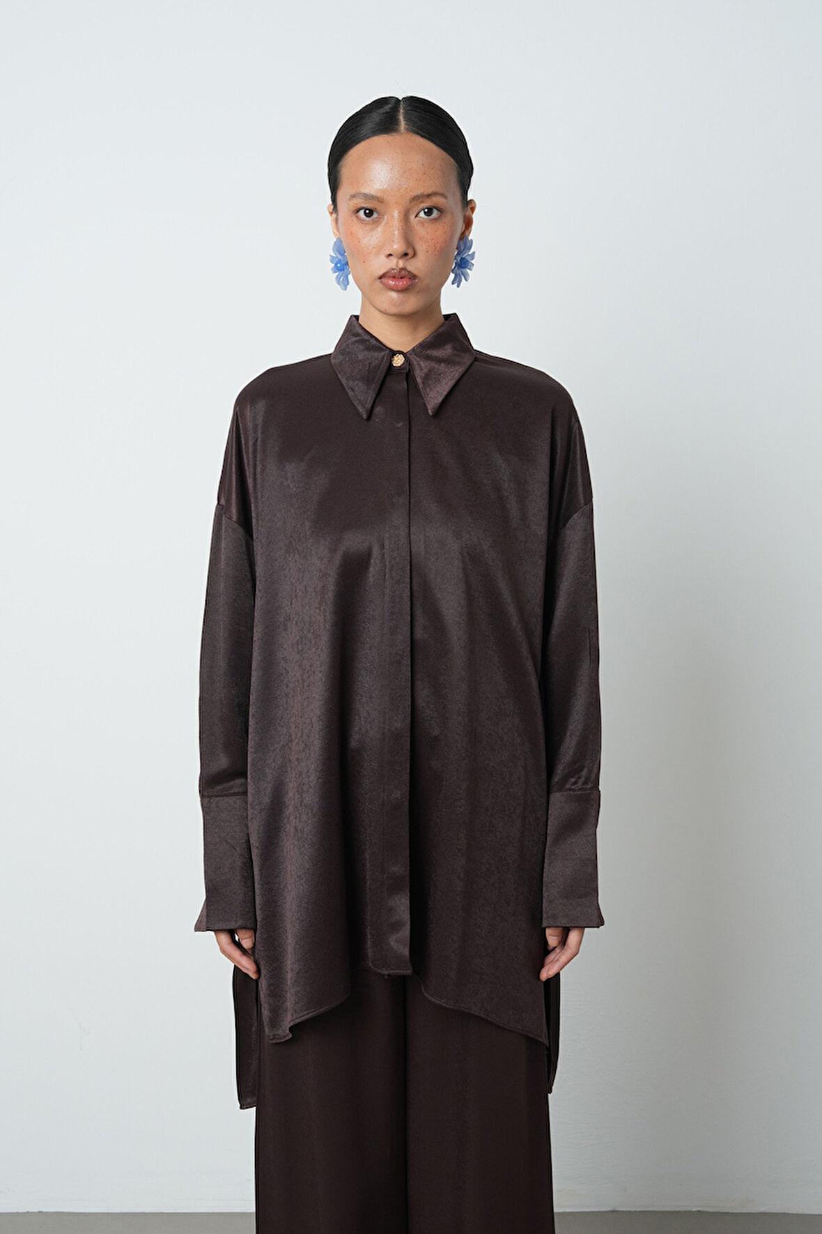 Kadın Düz Renk Oversize Uzun Tesettür Gömlek