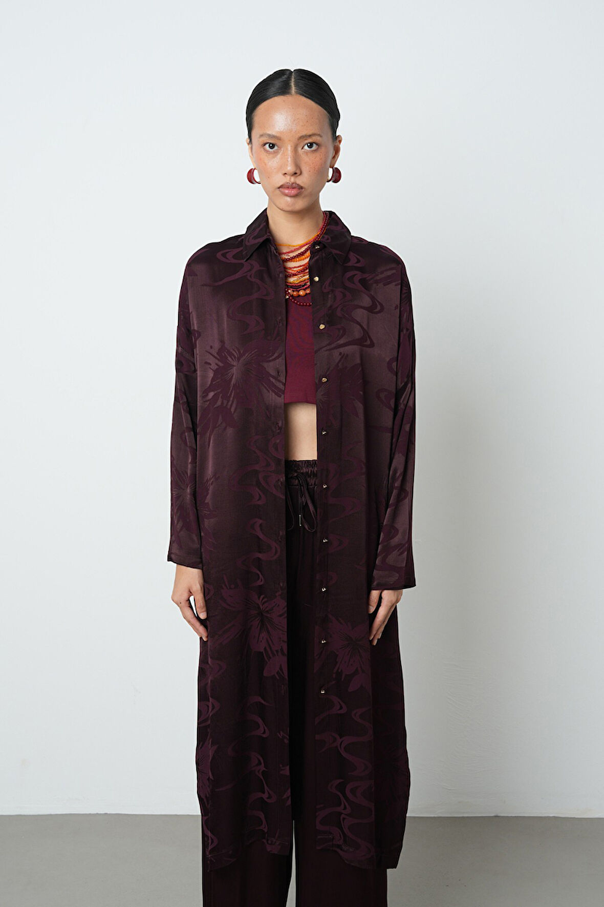 Kadın Bordo Renk Çiçek Desenli Uzun Tunik Tesettür Gömlek - Elbise