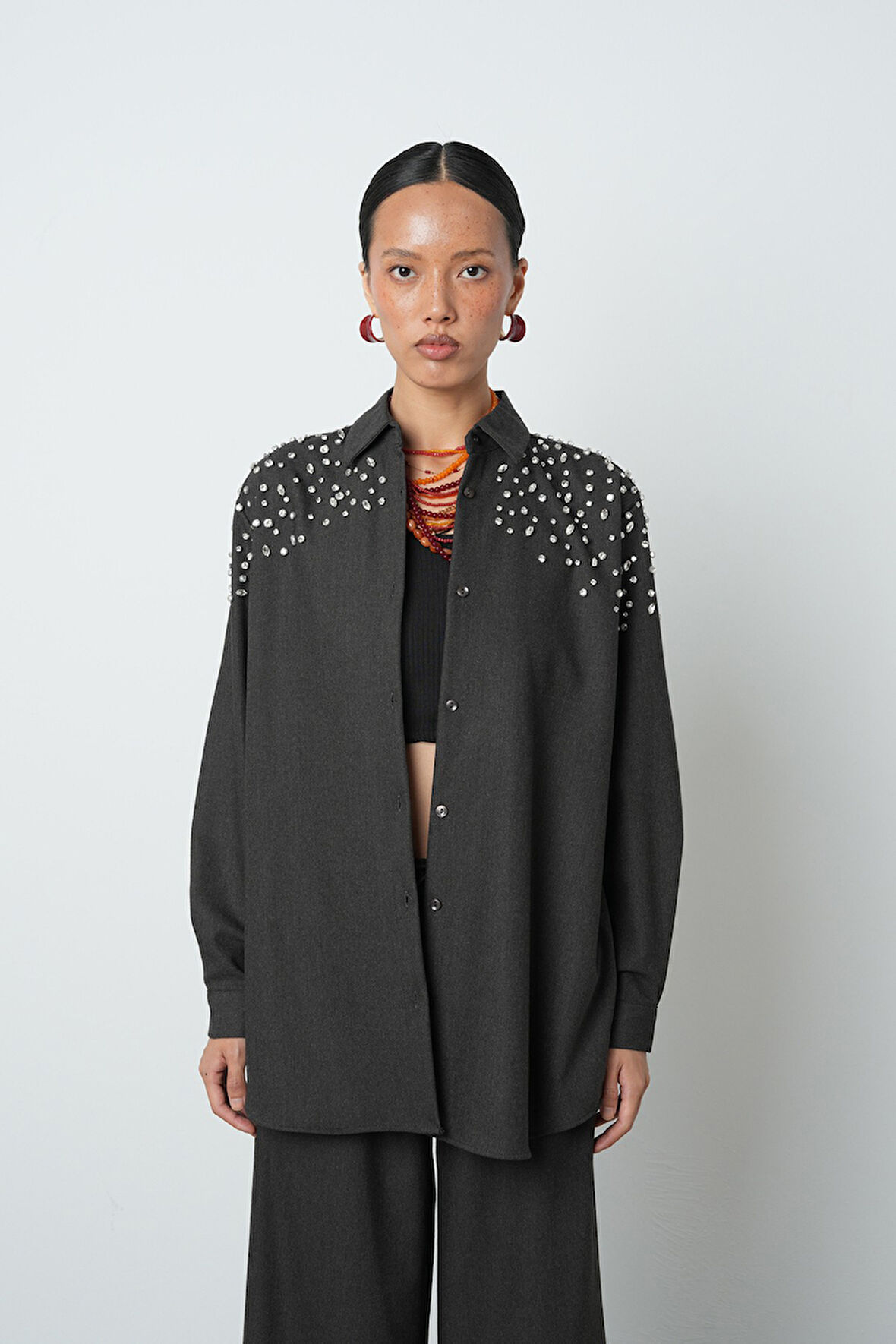 Kadın Robası Taş İşlemeli Oversize Kesim Tesettür Gömlek