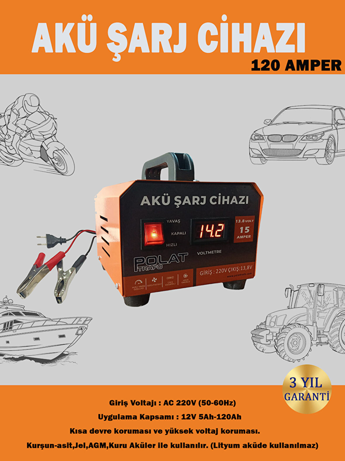 Polat 12 Volt 5-120 Amper Akü Şarj Cihazı