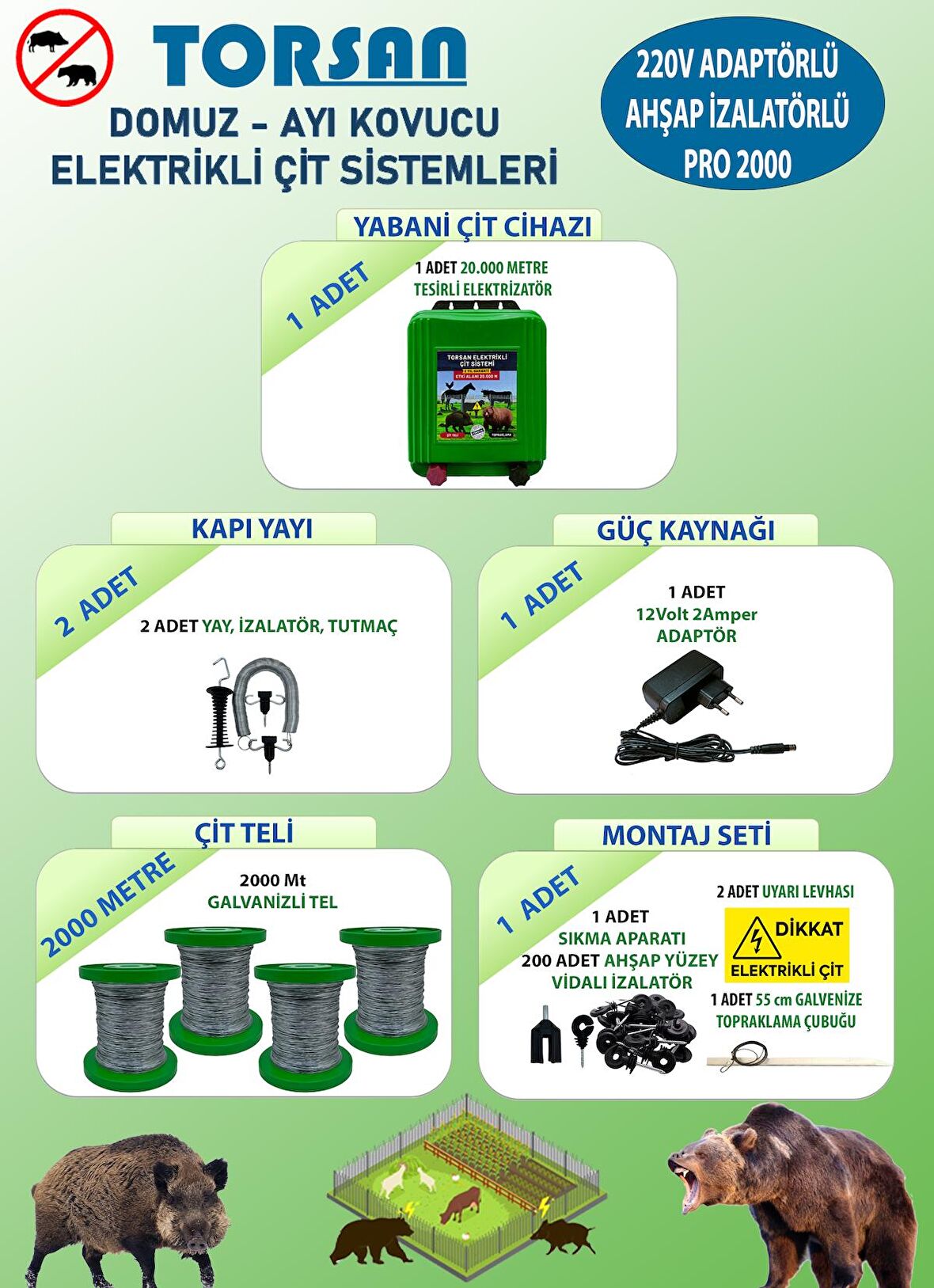 TORSAN 220V ADAPTÖRLÜ PRO 2000 Elektrikli Çit Sistemi ( Domuz - Ayı Kovucu ) 2000MT