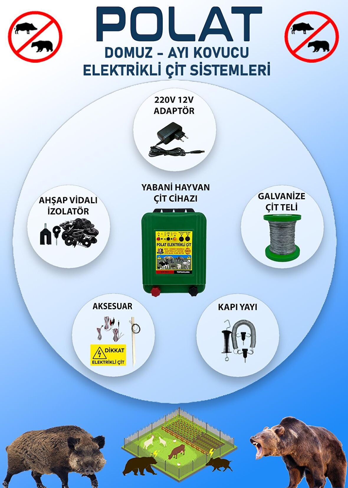 POLAT 220V ADAPTÖRLÜ PRO 4000 Metre (40-45 DÖNÜM) Elektrikli Çit