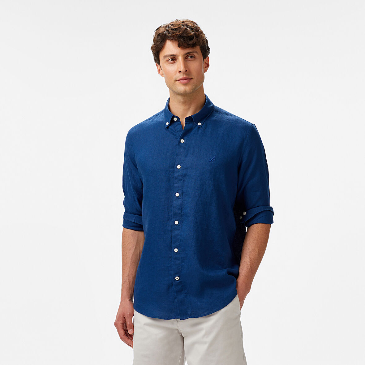 Nautica Erkek Mavi Classic Fit Keten Gömlek