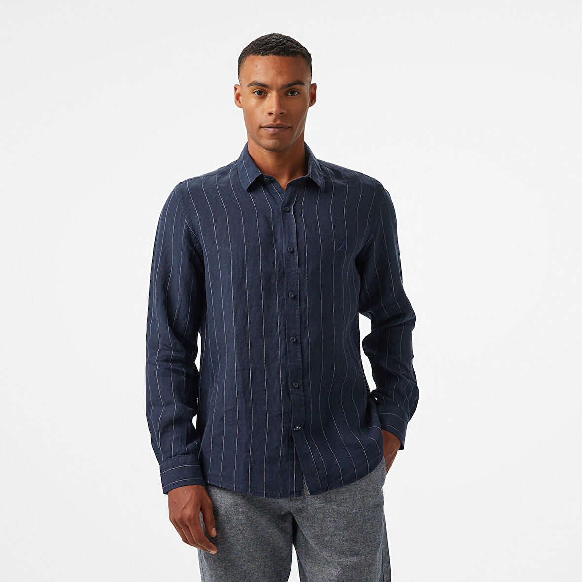 Nautica Erkek Lacivert Classic Fit Çizgili Gömlek