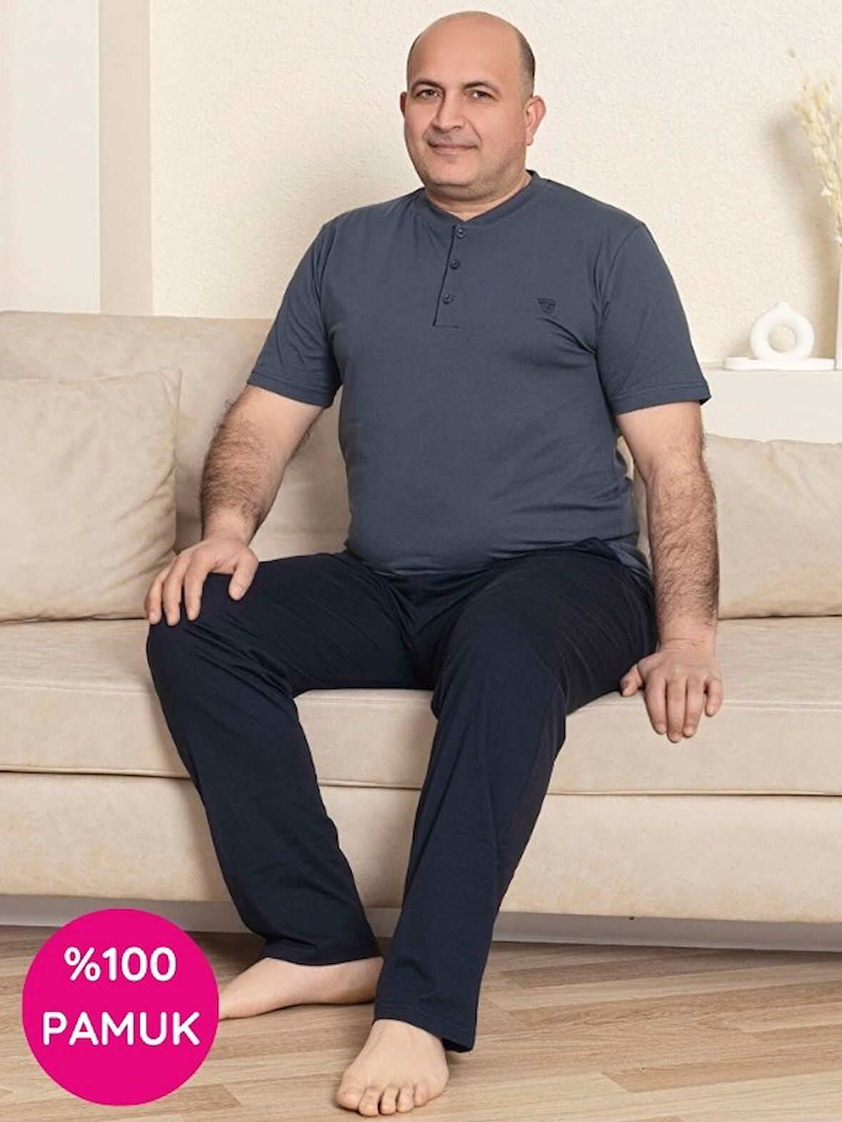Erkek Geniş Kalıp %100 Pamuk Kısa Kol Cepli Büyük Beden Pijama Takımı